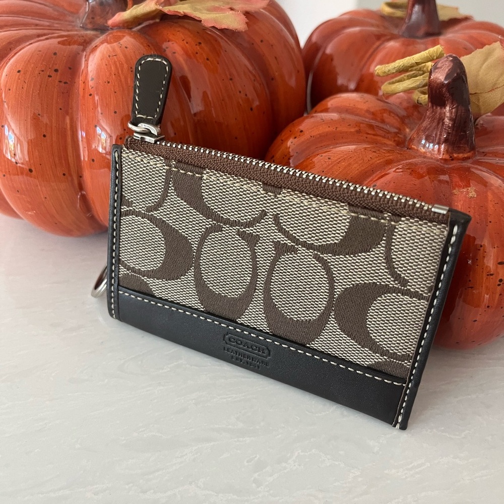 Coach CC Monogram Canvas Leather Coin Purse Card Holder Wallet Keyring in Brown